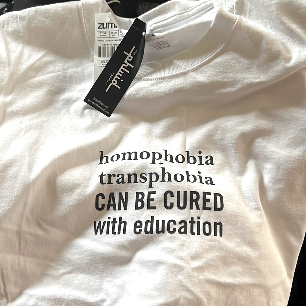 Homophobia + transphobia can be cured with education white t-shirt